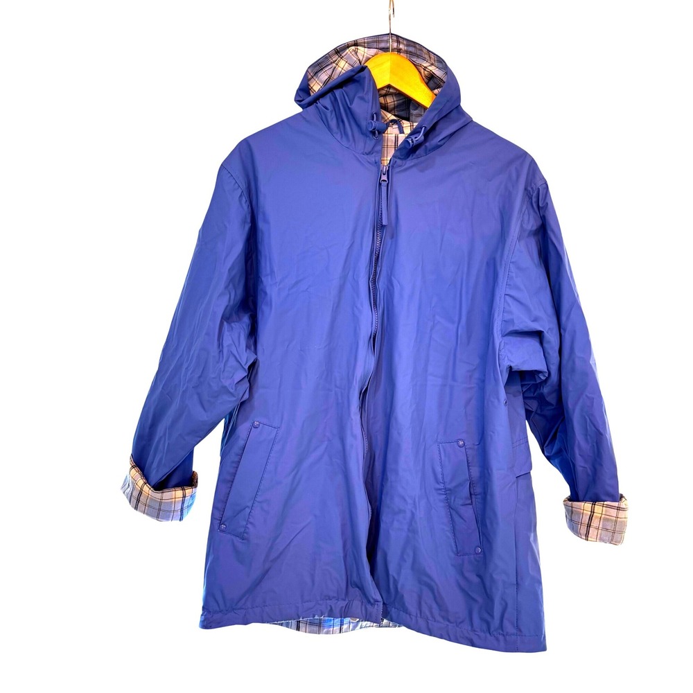 Outbrook Womens Periwinkle Hooded Rain Jacket Plaid Lined PVC Windbreaker Size M